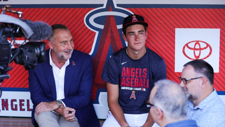 Angels first-round pick Jared Grindlinger tours the Big A, takes batting practice