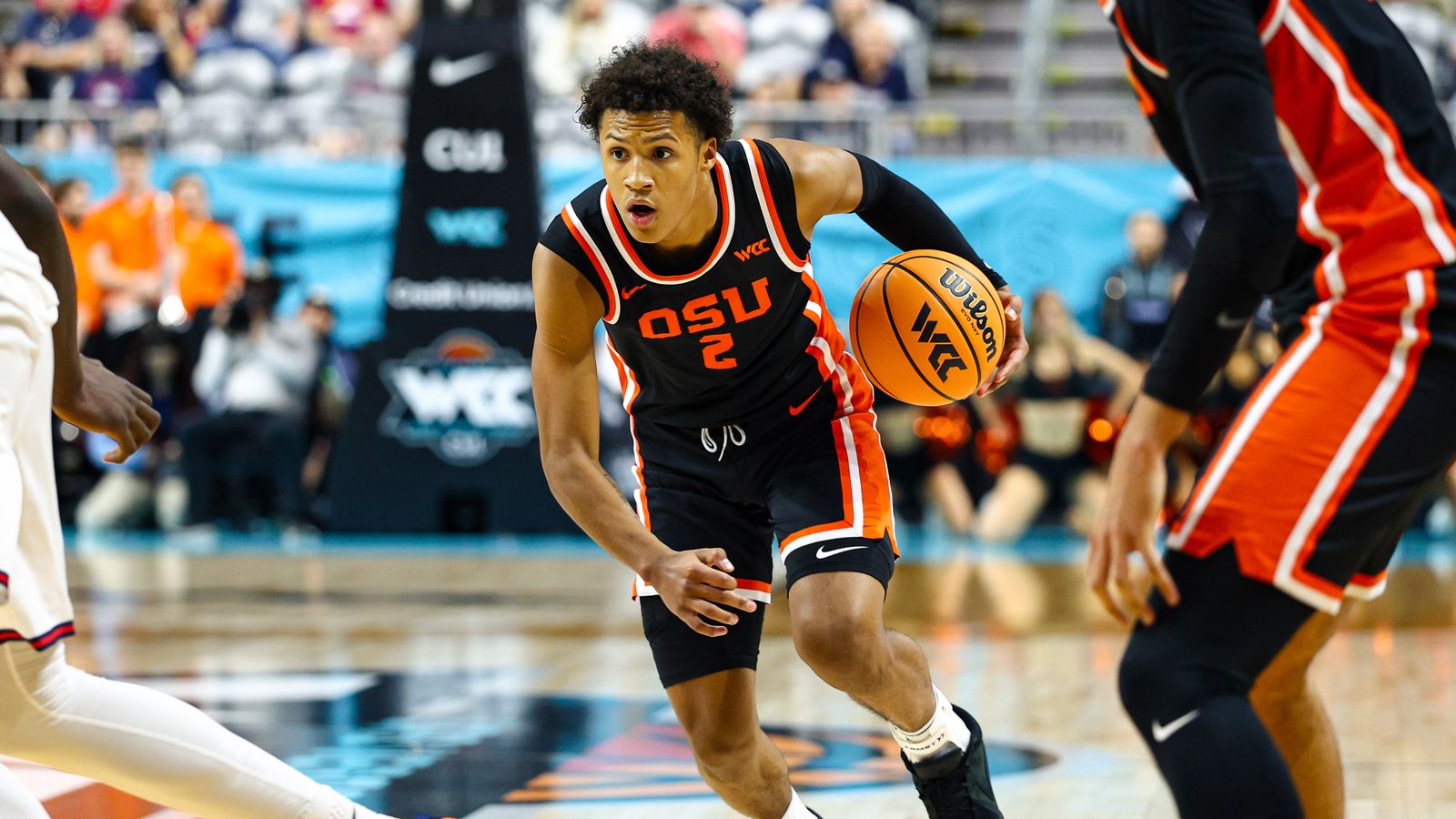 Oregon State Beavers G Josiah Lake II (2) dribbles with the ball during the 2026 WCC Tournament Semi-Finals against the Gonzaga Bulldogs on Monday March 9, 2026, in Las Vegas, Nevada.