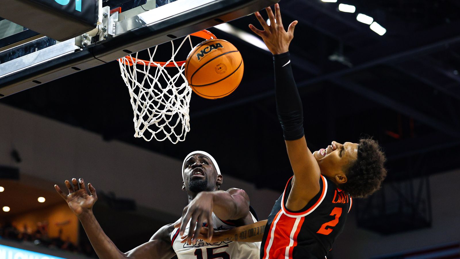 Gonzaga Bulldogs F Graham Ike (15) blocks the shot attempt by Oregon State Beavers G Josiah Lake II during the 2026 WCC Tournament Semi-Finals on Monday March 9, 2026, in Las Vegas, Nevada.