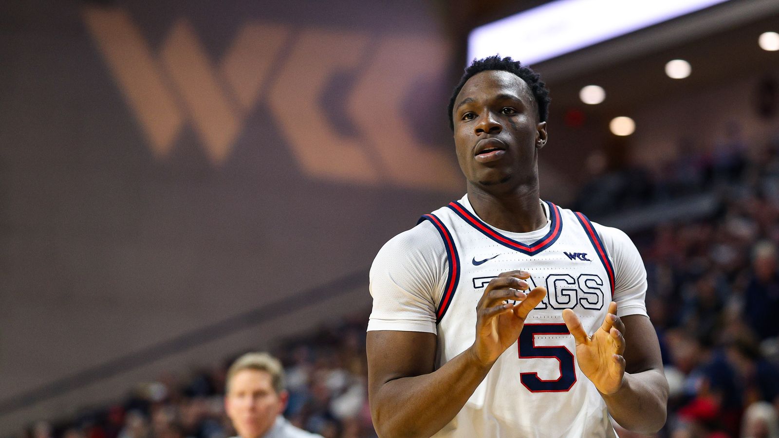 Gonzaga Bulldogs F Emmanuel Innocenti (5) looks for the in-bound pass during the 2026 WCC Tournament Semi-Finals against the Oregon State Beavers on Monday March 9, 2026, in Las Vegas, Nevada.