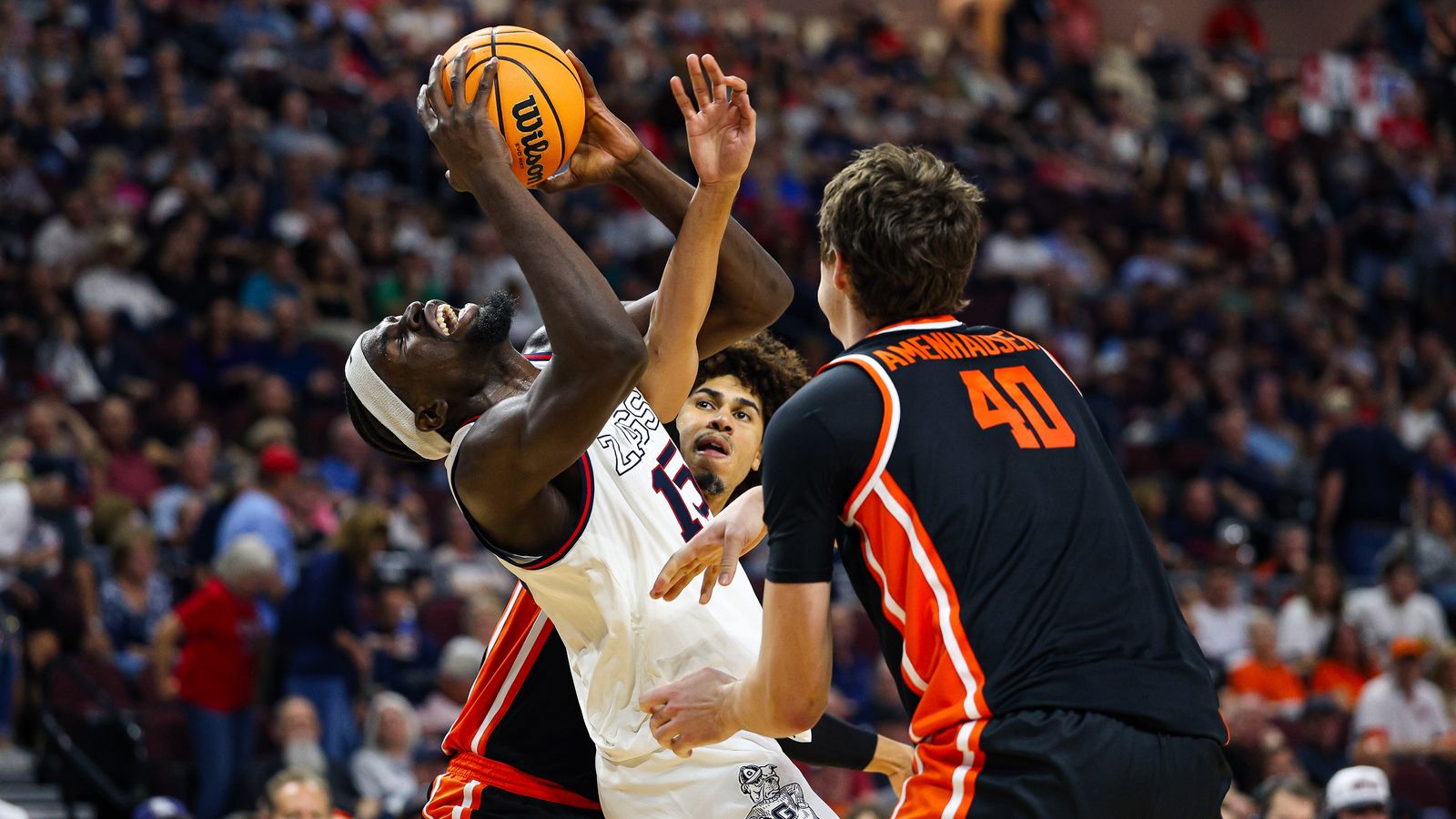 Gonzaga Bulldogs F Graha Ike (15) reacts as he is fouled during the 2026 WCC Tournament Semi-Finals against the Oregon State Beavers on Monday March 9, 2026, in Las Vegas, Nevada.