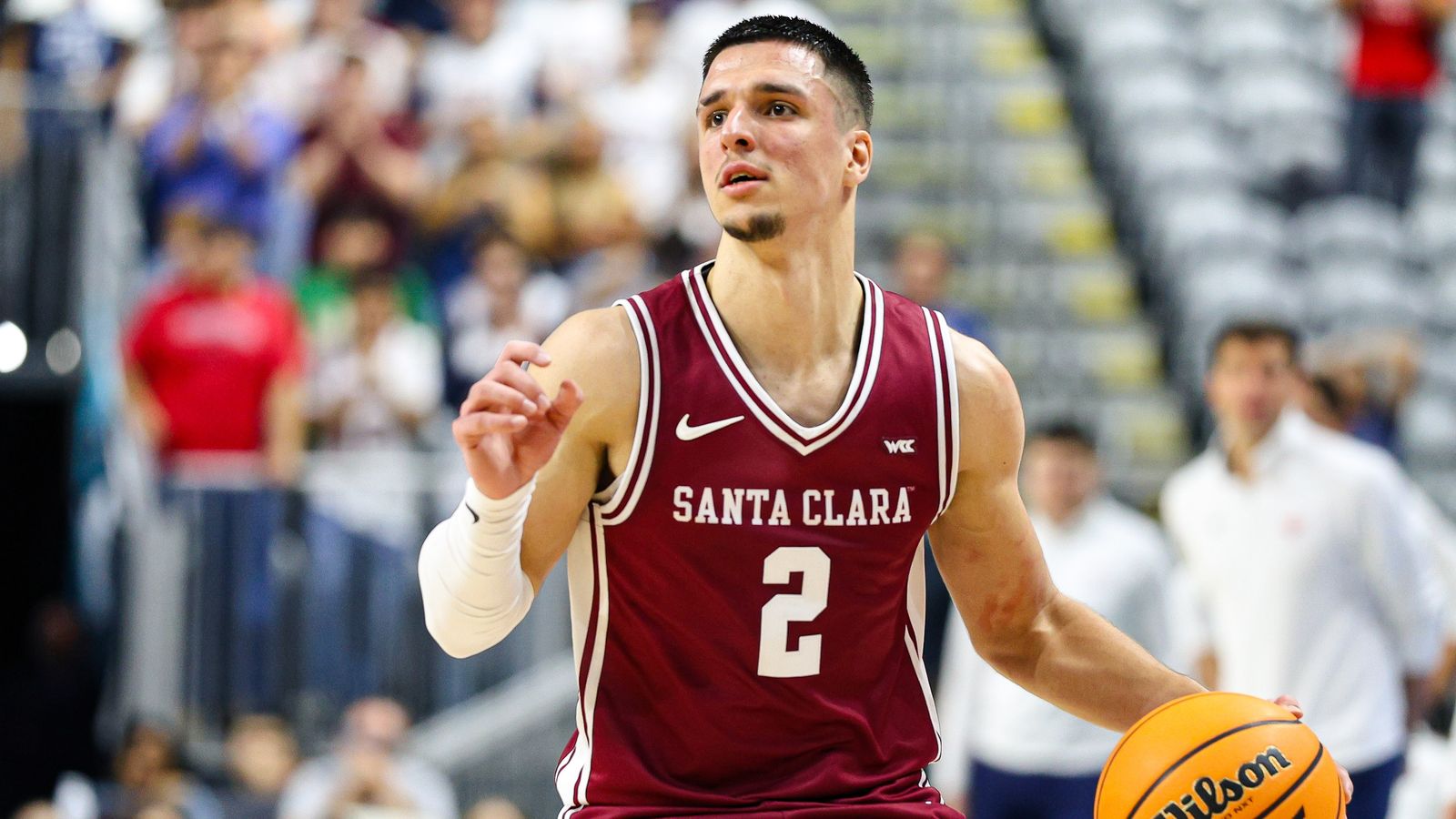 Santa Clara Broncos G Sash Gavalyugov (2) looks for a passing lane during the 2026 WCC Tournament Semi-Finals against the Saint Mary's Gaels on Monday March 9, 2026, in Las Vegas, Nevada.