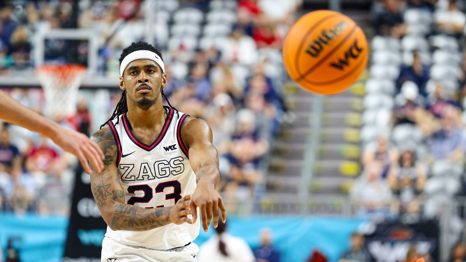 Gonzaga Bulldogs G Adam Miller (23) passes the ball to his teammate during the 2026 WCC Tournament Semi-Finals against the Oregon State Beavers on Monday March 9, 2026, in Las Vegas, Nevada.