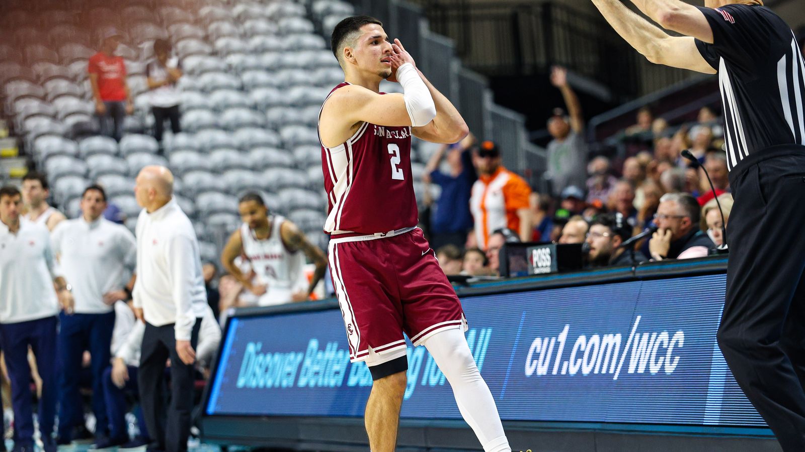 Santa Clara Broncos G Sash Gavalyugov (2) reacts after hitting a clutch three-point shot in the final seconds of their 2026 WCC Tournament Semi-Finals matchup against the Saint Mary's Gaels on Monday March 9, 2026, in Las Vegas, Nevada.