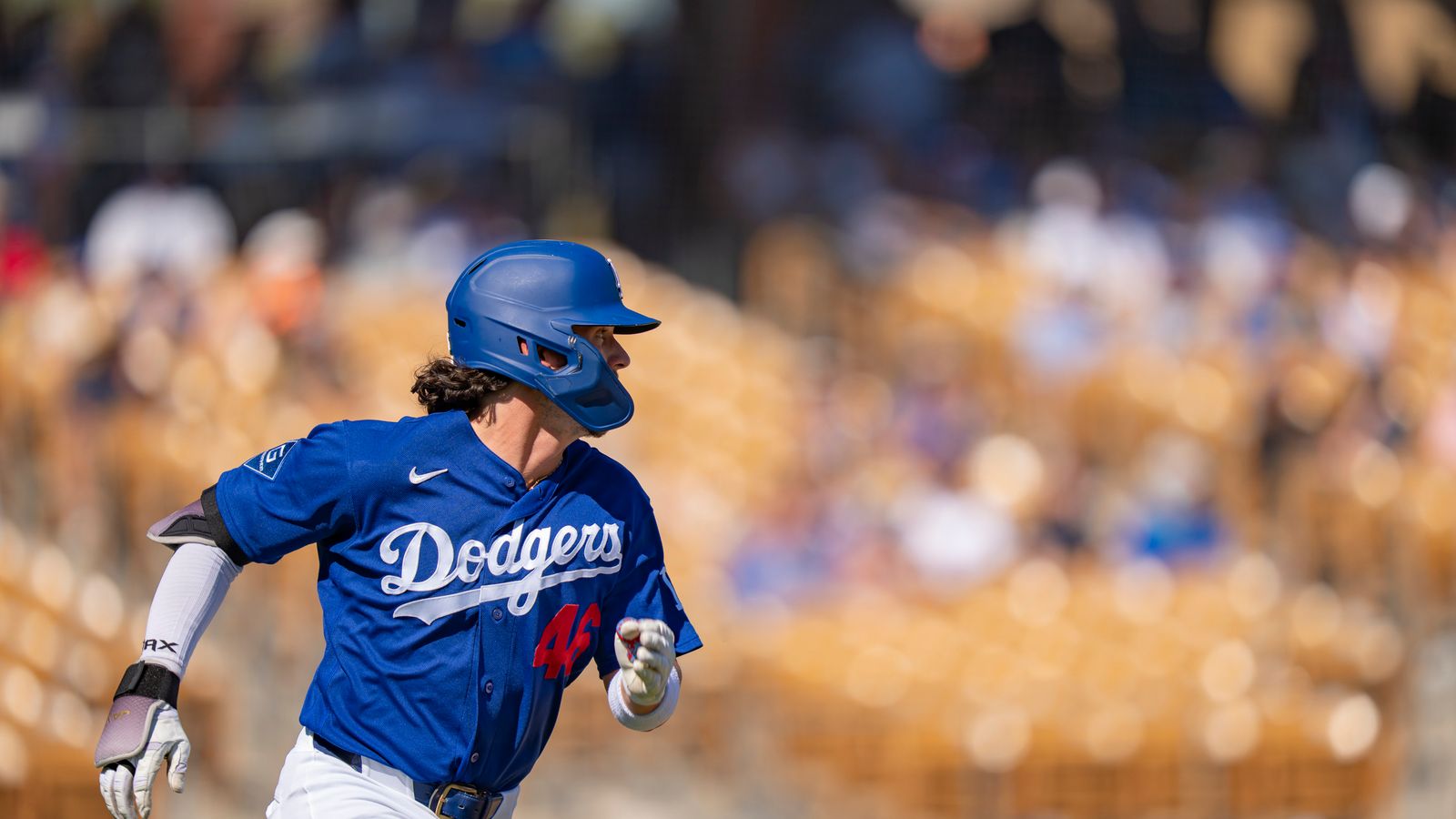 Los Angeles Dodgers infielder Ryan Fitzgerald (46) running to first base during an MLB spring training baseball game against the San Fransisco Giants on March 18th, 2026 in Glendale, AZ.