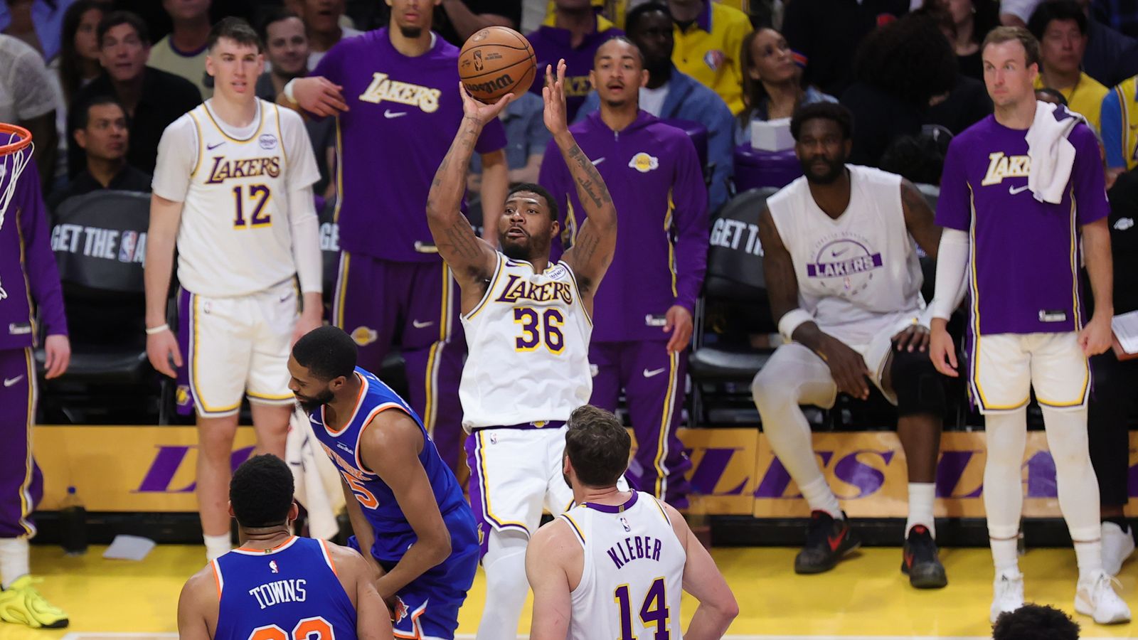 Los Angeles Lakers guard Marcus Smart (36) shoots the basketball during an NBA game against the New York Knicks on March 8, 2026 in Los Angeles, CA.