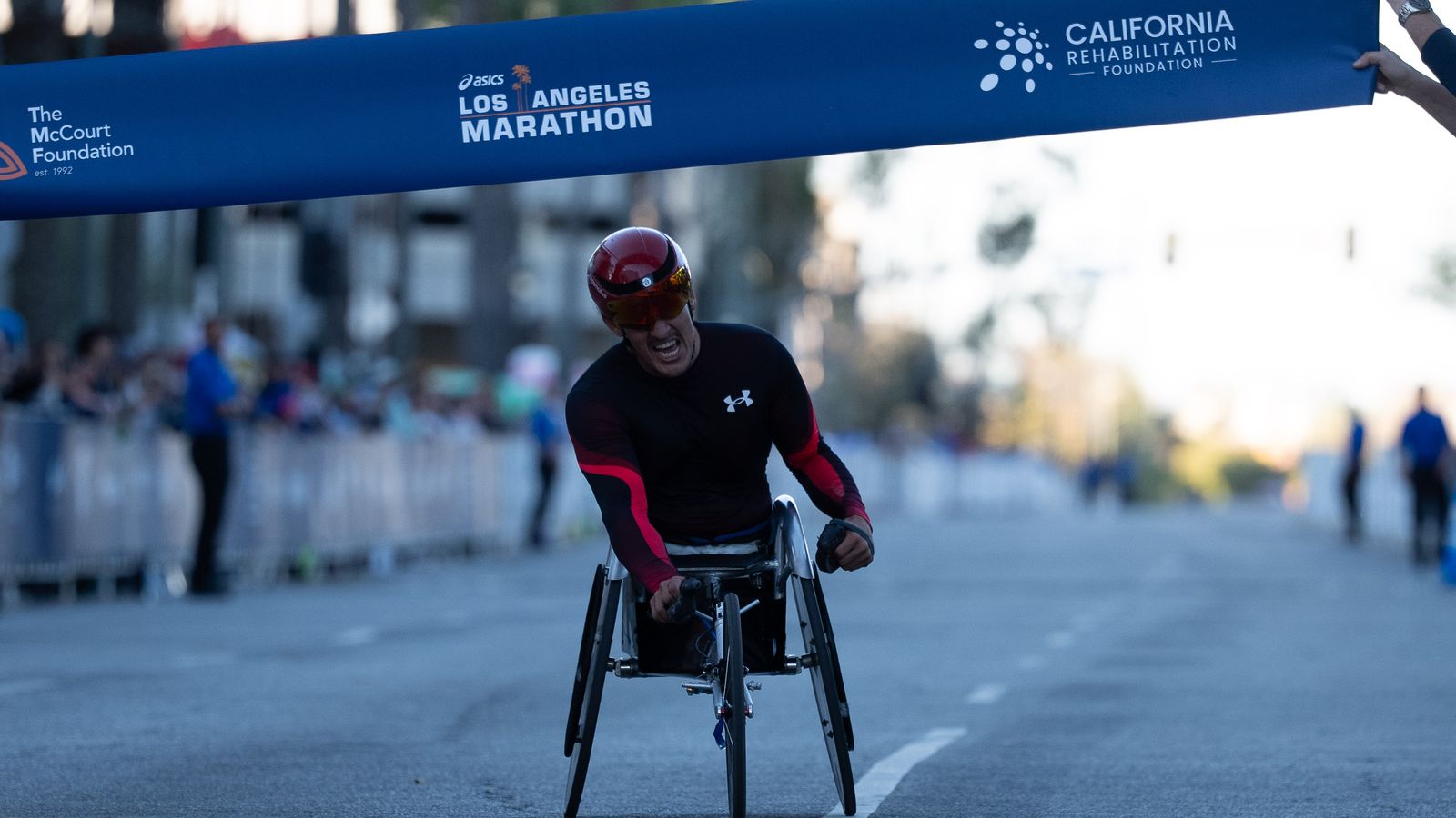 Miguel Vergara wins the wheelchair division of the Los Angeles Marathon on Sunday, March 8, 2026, in Los Angeles.