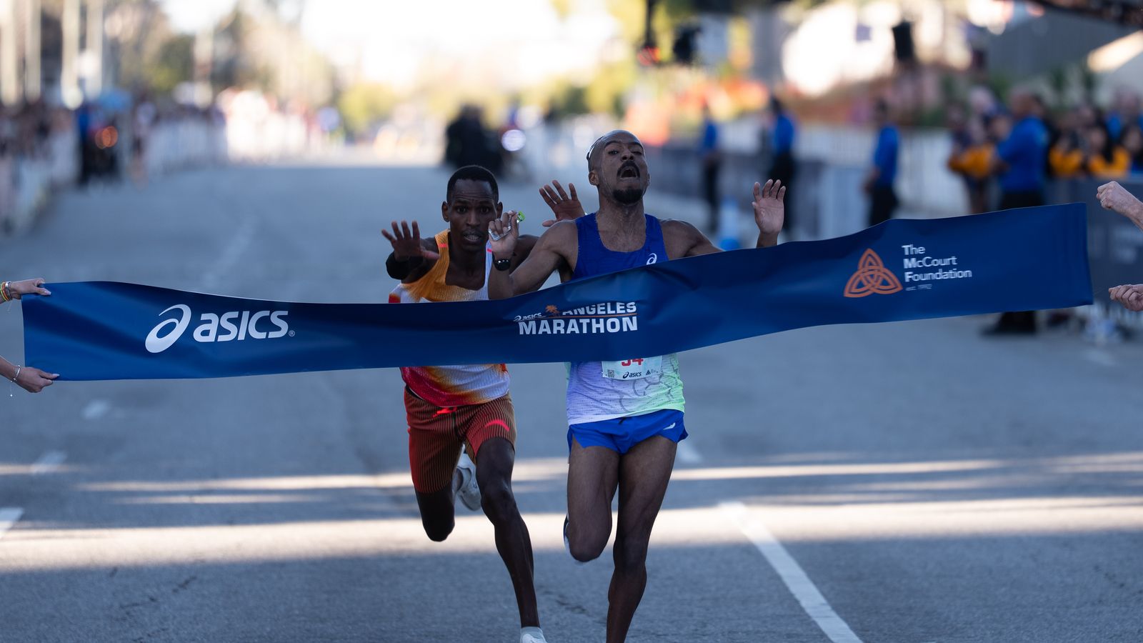 Nathan Martin edges out Michael Kamau to win the men's division of the Los Angeles Marathon on Sunday, March 8, 2026, in Los Angeles.