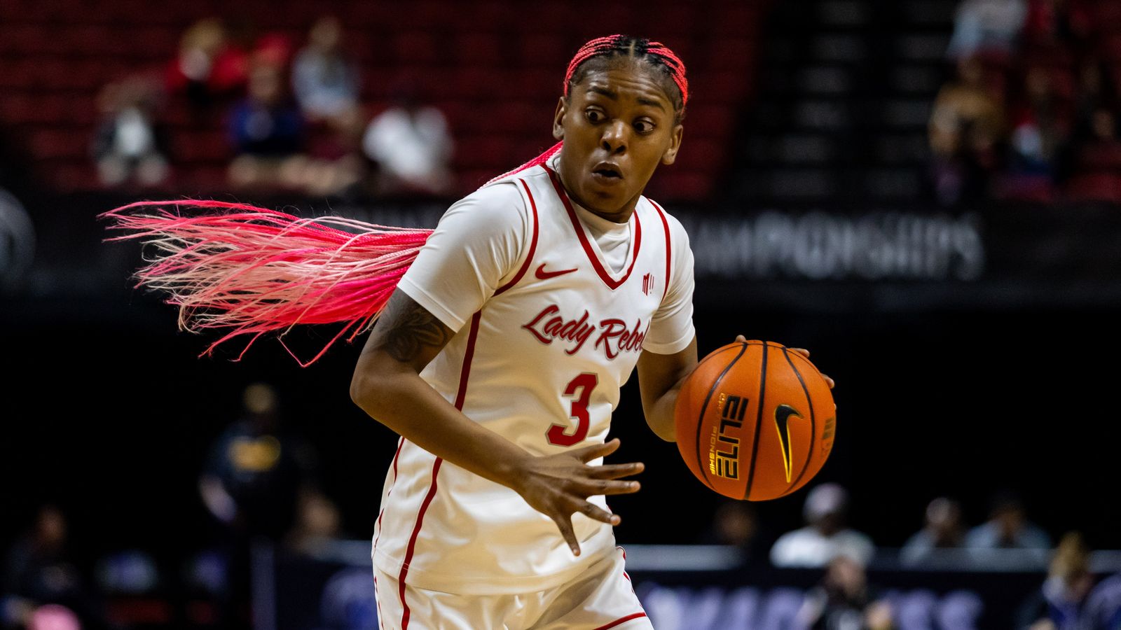 UNLV Lady Rebels forward Shelbee Brown (3) dribbles the ball towards the basket during a Mountain West Tournament semifinal game between UNLV Lady Rebels and the Colorado State Rams, Monday March 9, 2026 in Las Vegas, Nev.