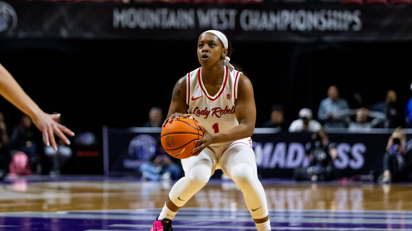 UNLV Lady Rebels guard Sydni Summers (1) looks to shoot a three-point shot during a Mountain West Tournament semifinal game between UNLV Lady Rebels and the Colorado State Rams, Monday March 9, 2026 in Las Vegas, Nev.