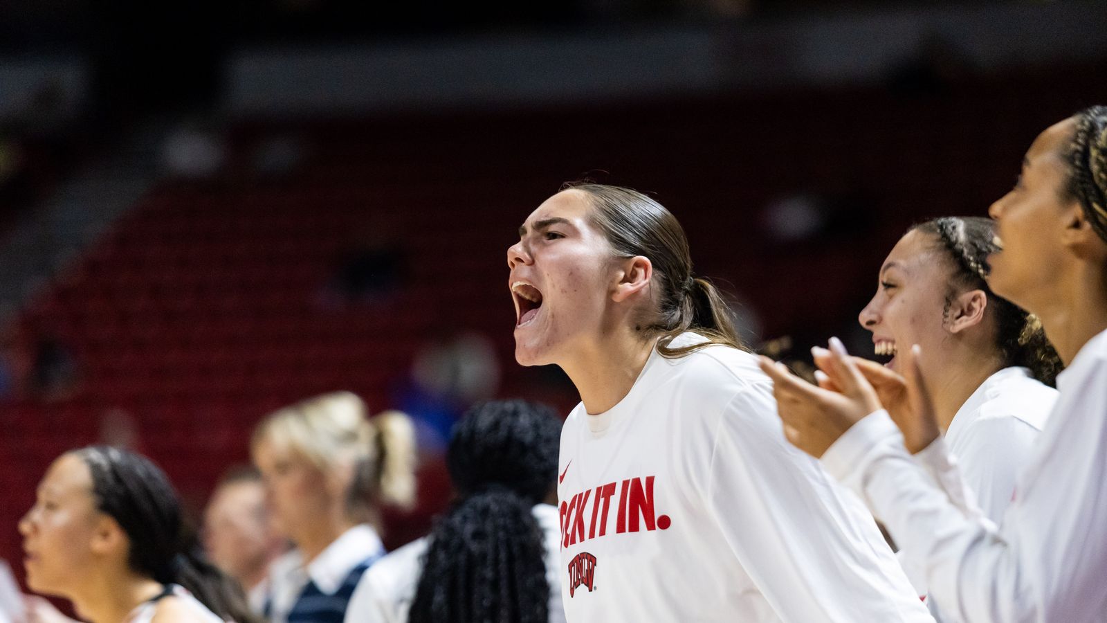 UNLV Lady Rebels center Erica Collins (31) yells in celebration after a Lady Rebels’ basket during a Mountain West Tournament semifinal game between UNLV Lady Rebels and the Colorado State Rams, Monday March 9, 2026 in Las Vegas, Nev.