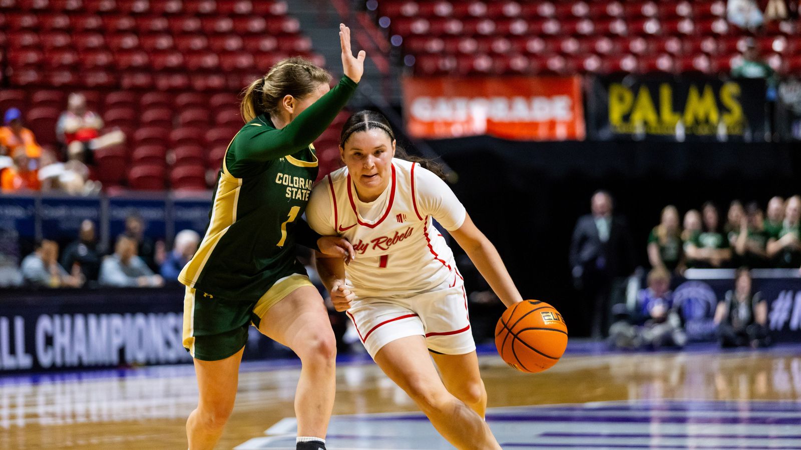 UNLV Lady Rebels guard Destiny Leo (7) dribbles the ball towards the basket during a Mountain West Tournament semifinal game between UNLV Lady Rebels and the Colorado State Rams, Monday March 9, 2026 in Las Vegas, Nev.