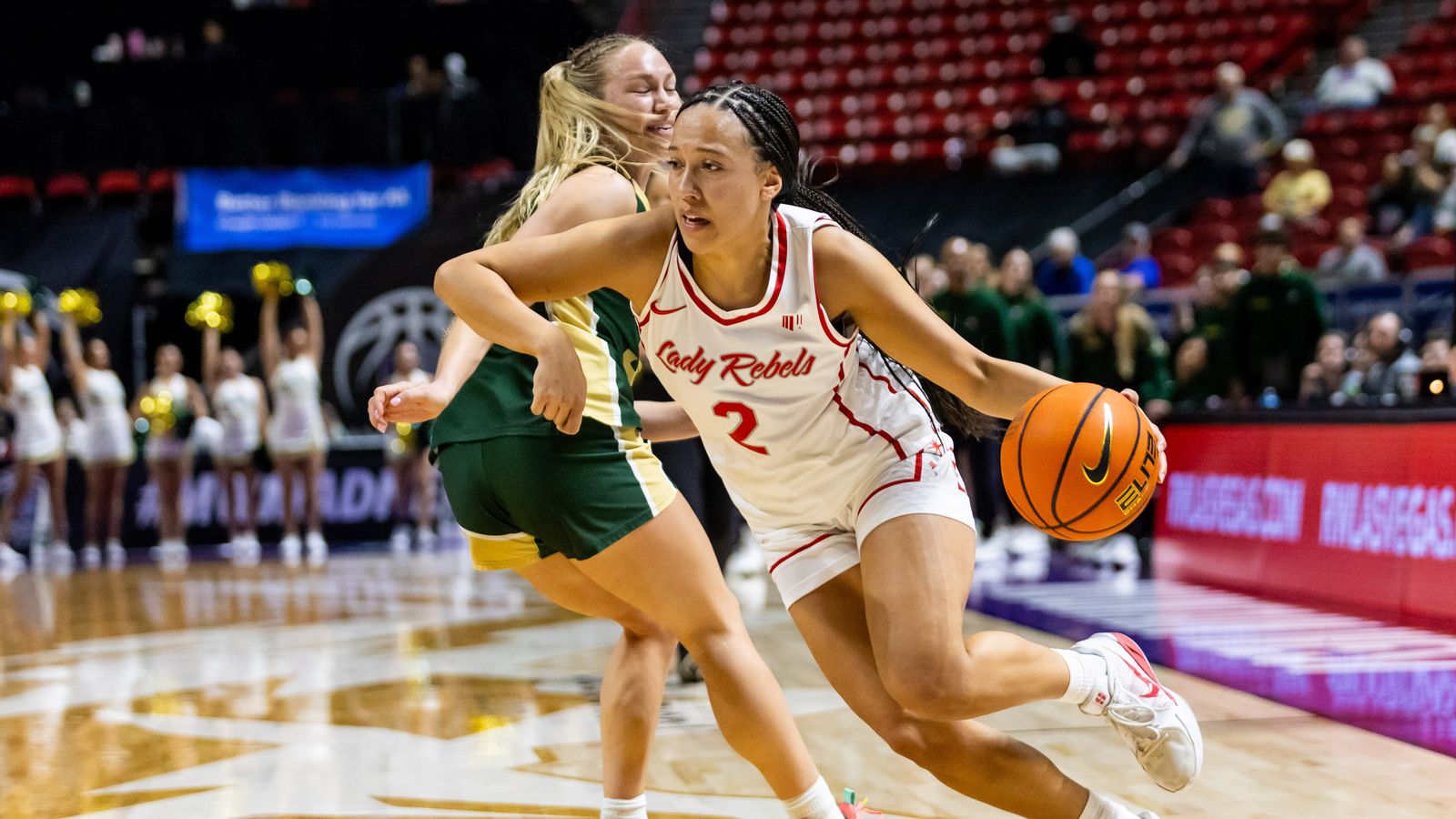 UNLV Lady Rebels guard Mariah Elohim (2) dribbles the ball towards the basket during a Mountain West Tournament semifinal game between UNLV Lady Rebels and the Colorado State Rams, Monday March 9, 2026 in Las Vegas, Nev.