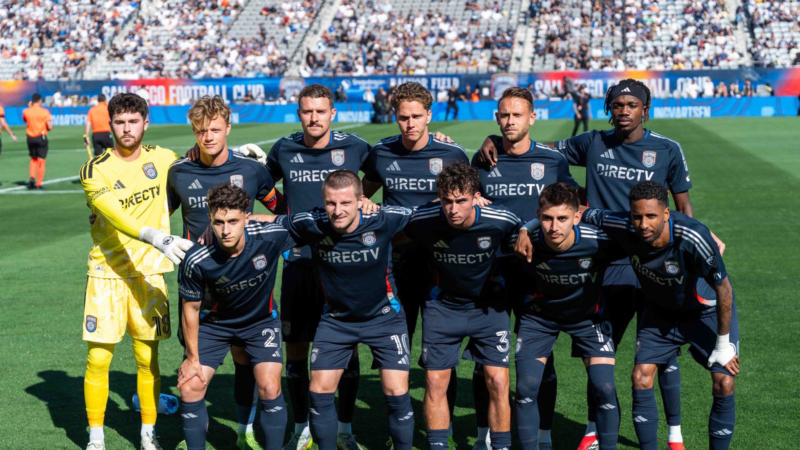 SDFC players pose for media before an MLS game between Real Salt Lake and San Diego FC, Sunday March 22, 2026 in San Diego, Calif.