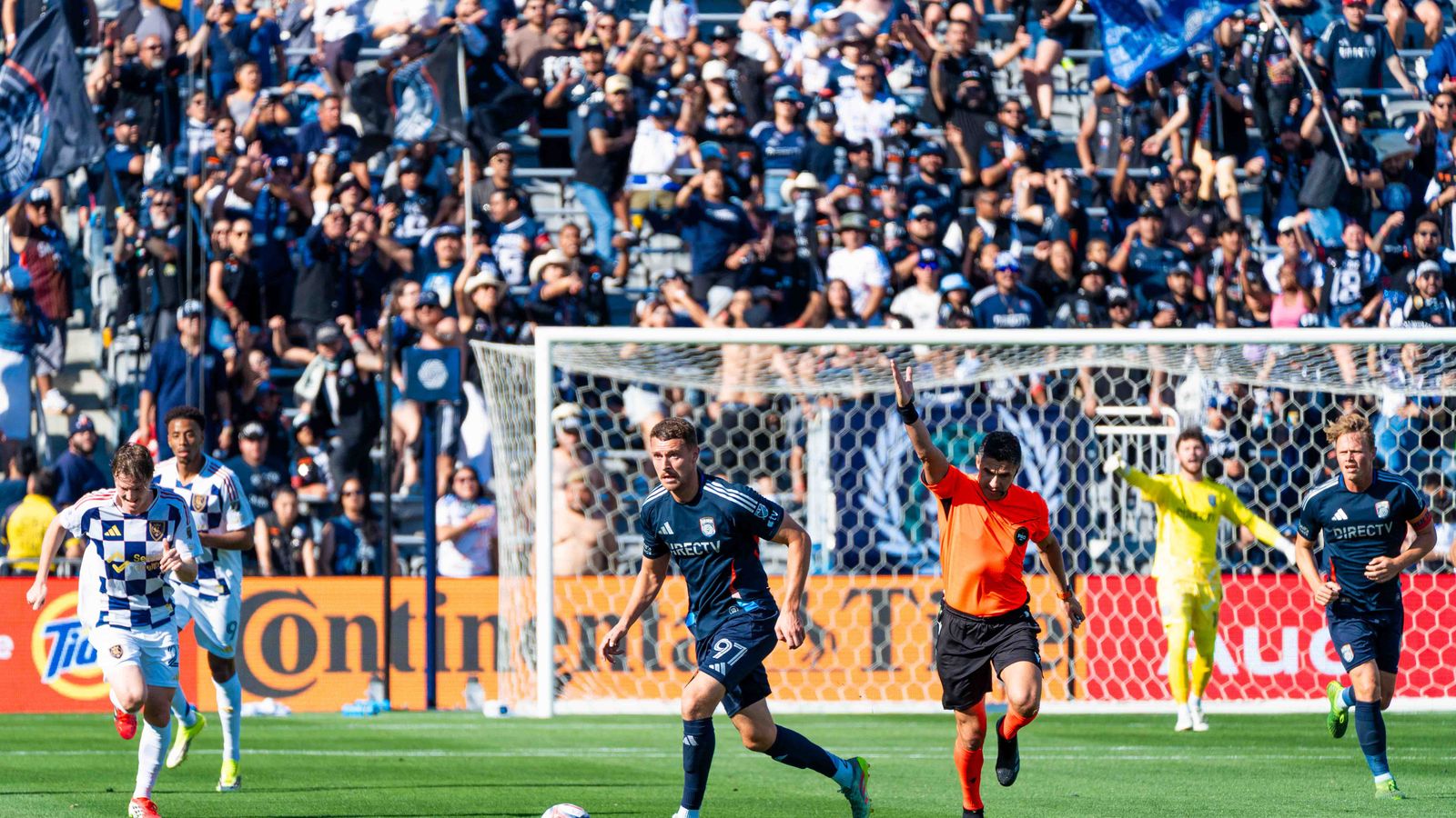 San Diego FC defender Chris McVey (97) dribbles during an MLS game between Real Salt Lake and San Diego FC, Sunday March 22, 2026 in San Diego, Calif.
