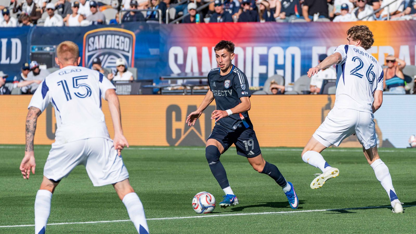 San Diego FC midfielder David Vazquez (19) dribbles during an MLS game between Real Salt Lake and San Diego FC, Sunday March 22, 2026 in San Diego, Calif.