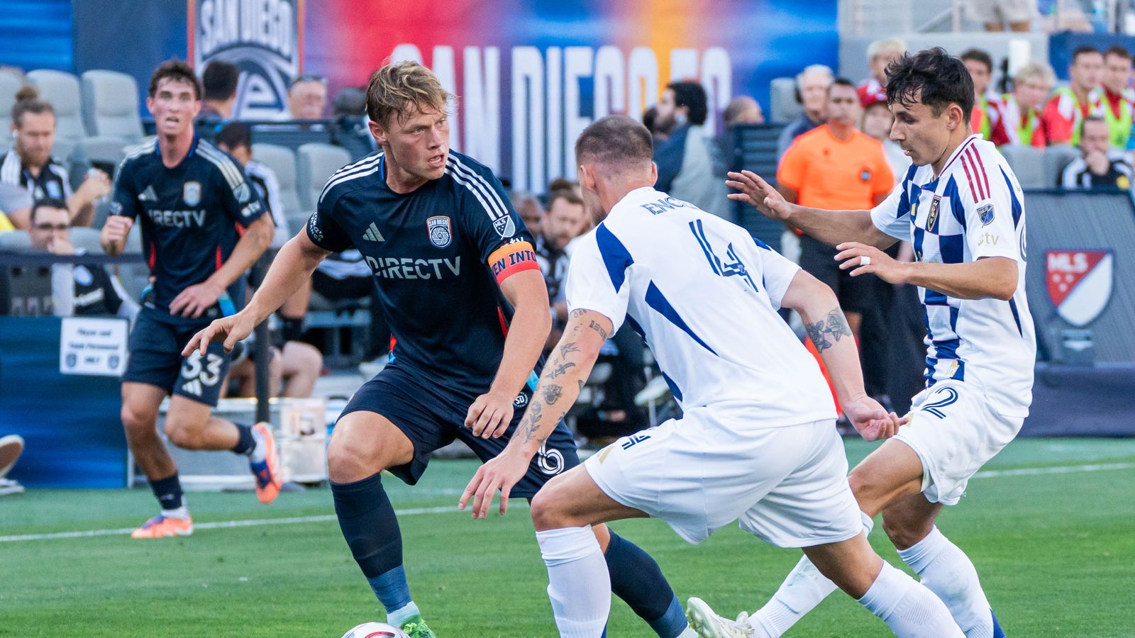 San Diego FC midfielder Jeppe Tverskov (6) looks to pass during an MLS game between Real Salt Lake and San Diego FC, Sunday March 22, 2026 in San Diego, Calif.