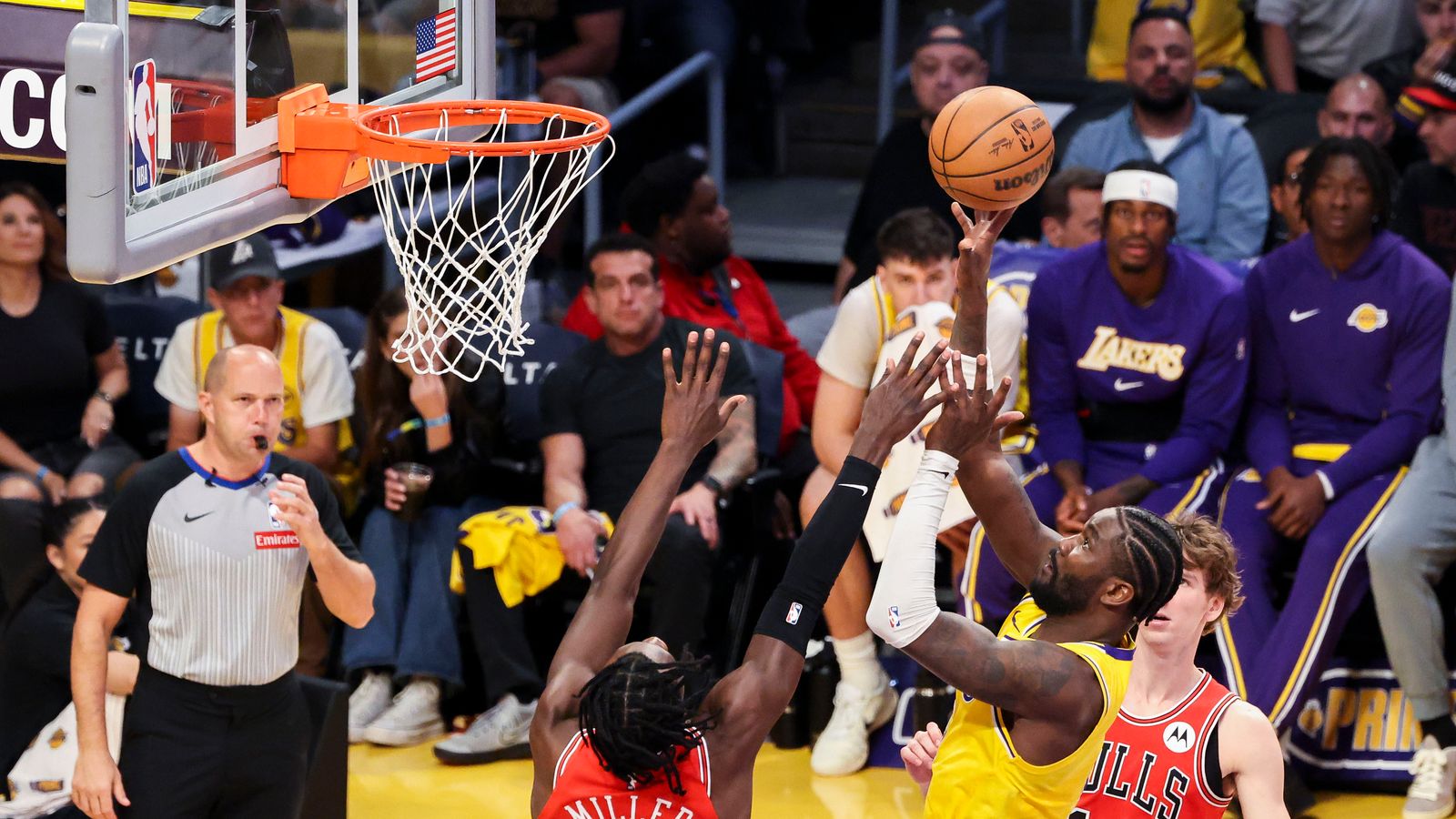 Deandre Ayton #5 of the Los Angeles Lakers shoots the ball during an NBA basketball game against the Chicago Bulls, Thursday March 12, 2026 in Los Angeles, Calif.
