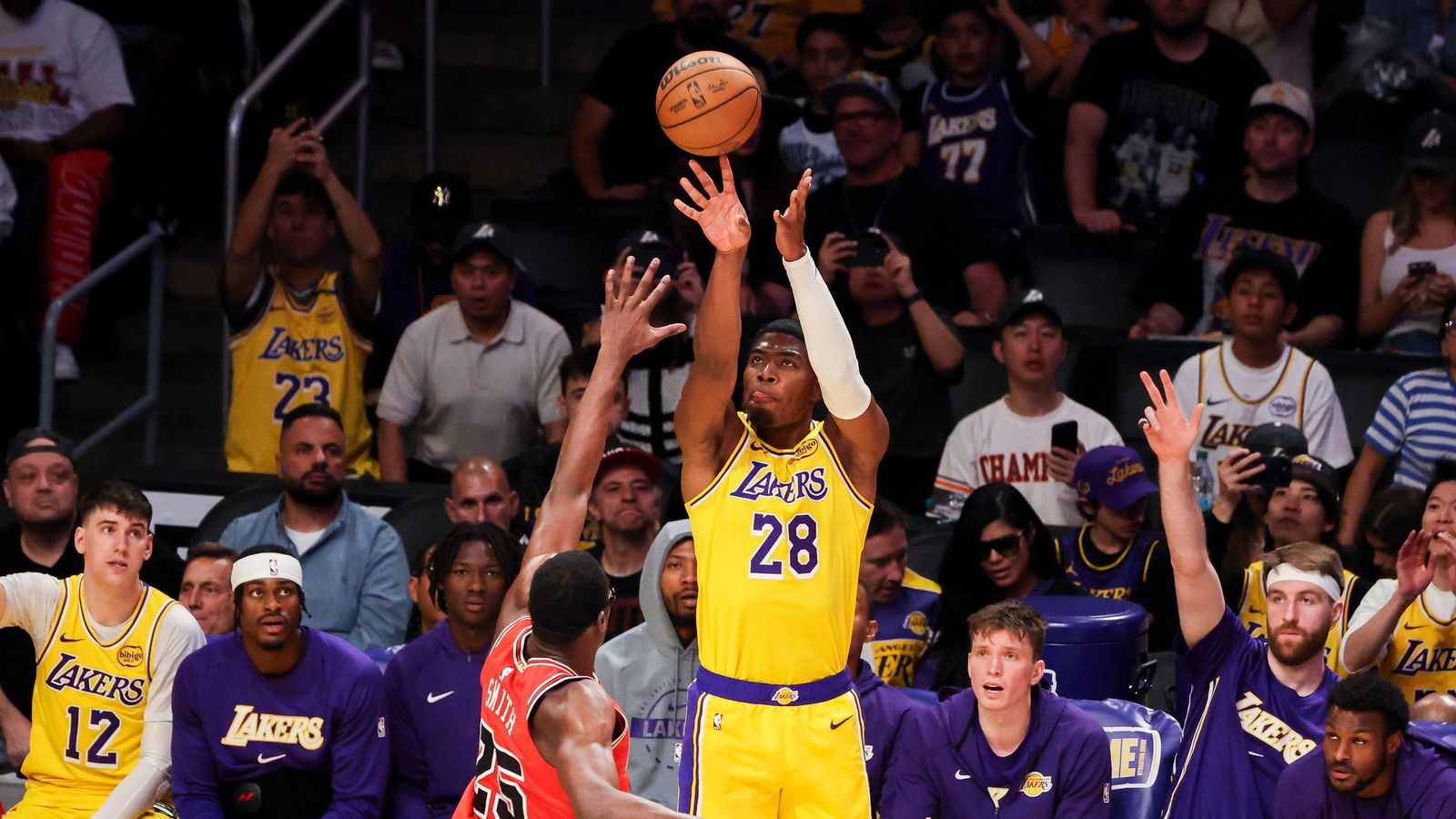 Rui Hachimura #28 of the Los Angeles Lakers shoots a three point shot during an NBA basketball game against the Chicago Bulls, Thursday March 12, 2026 in Los Angeles, Calif.