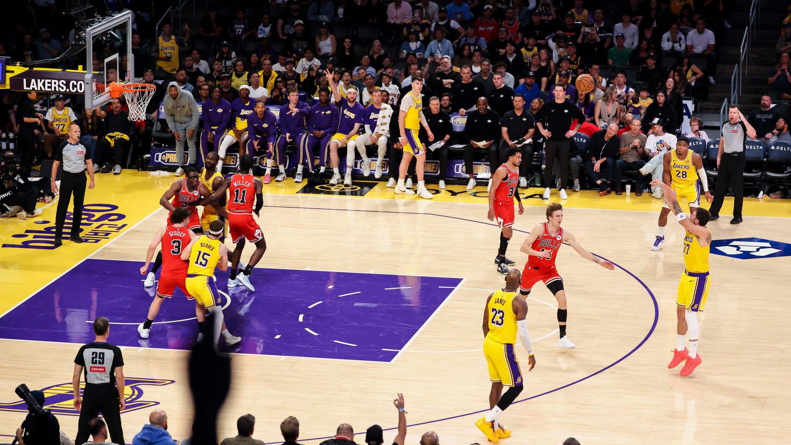 Luka Dončić #77 of the Los Angeles Lakers shoots a three point shot during an NBA basketball game against the Chicago Bulls, Thursday March 12, 2026 in Los Angeles, Calif.