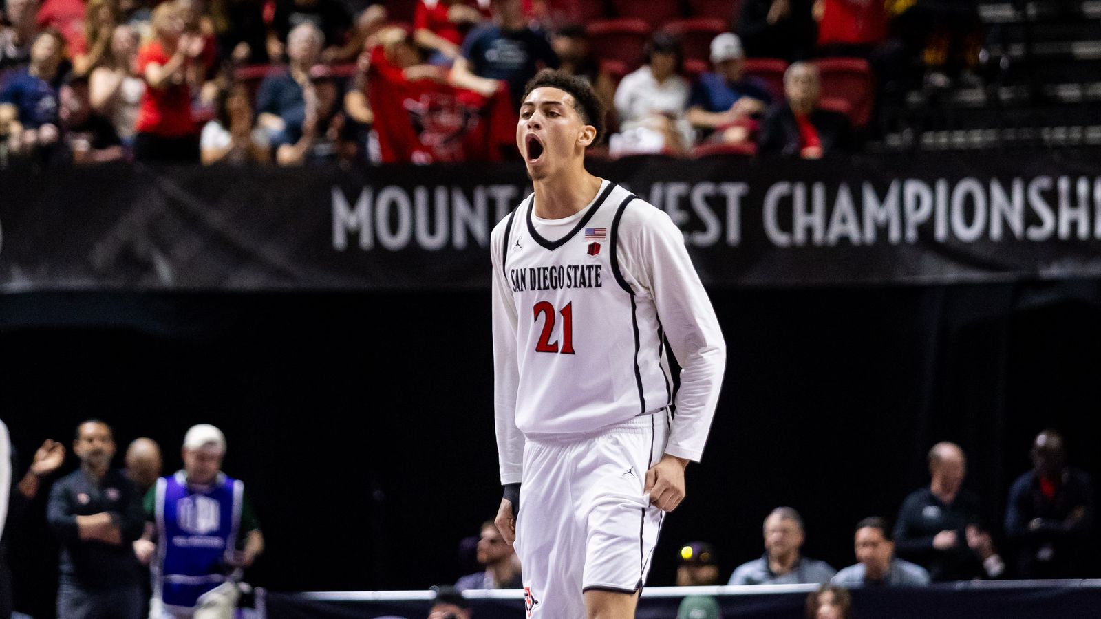 San Diego Aztecs guard Miles Byrd (21) yells in celebration after a made basket during a Mountain West Championship tournament quarterfinal game between the San Diego Aztecs and the Colorado State Rams, Thursday March 12, 2026 in Las Vegas, Nev.