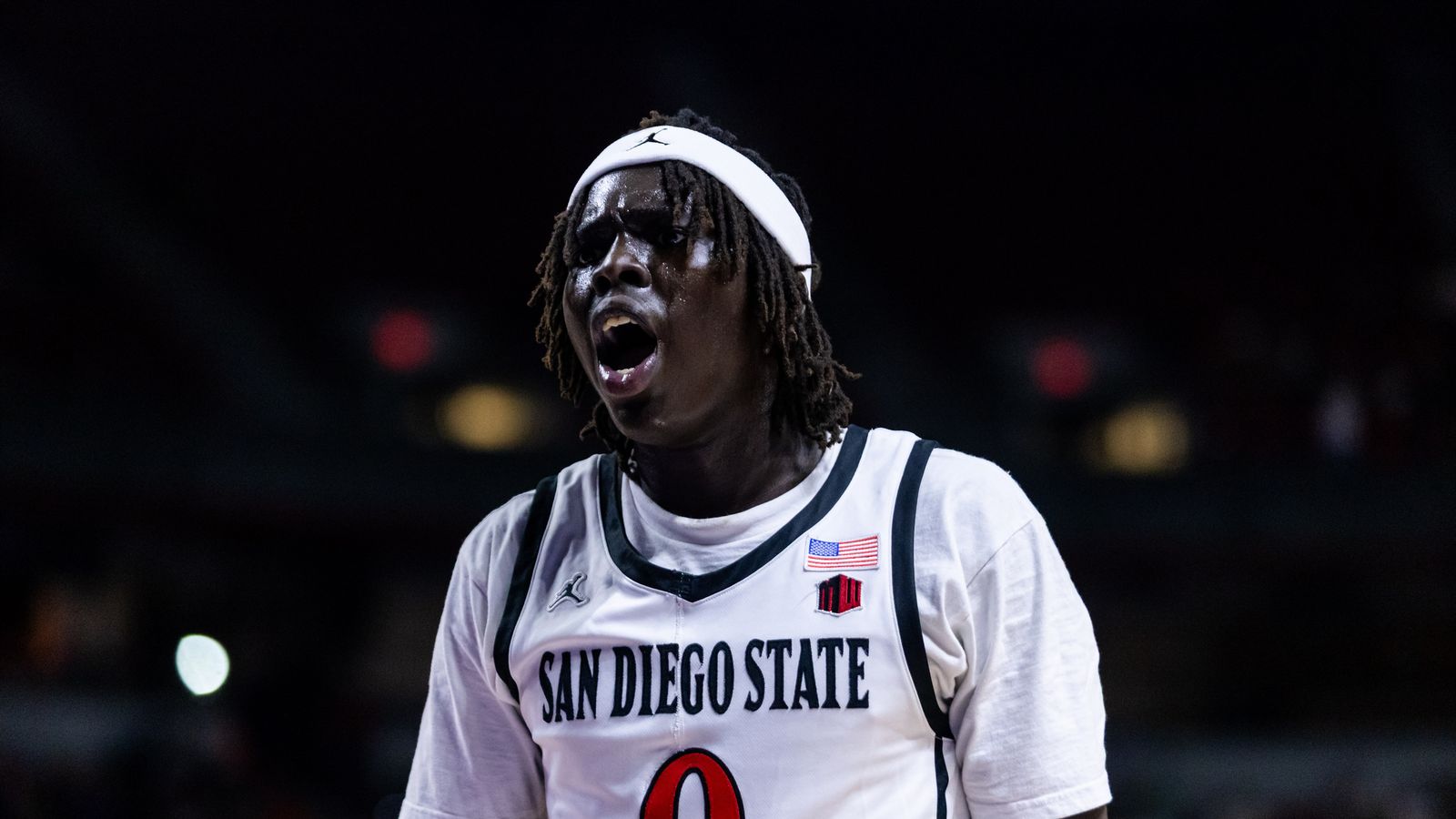 San Diego Aztecs forward Magoon Gwath (0) yells to hype himself up during a Mountain West Championship tournament quarterfinal game between the San Diego Aztecs and the Colorado State Rams, Thursday March 12, 2026 in Las Vegas, Nev.
