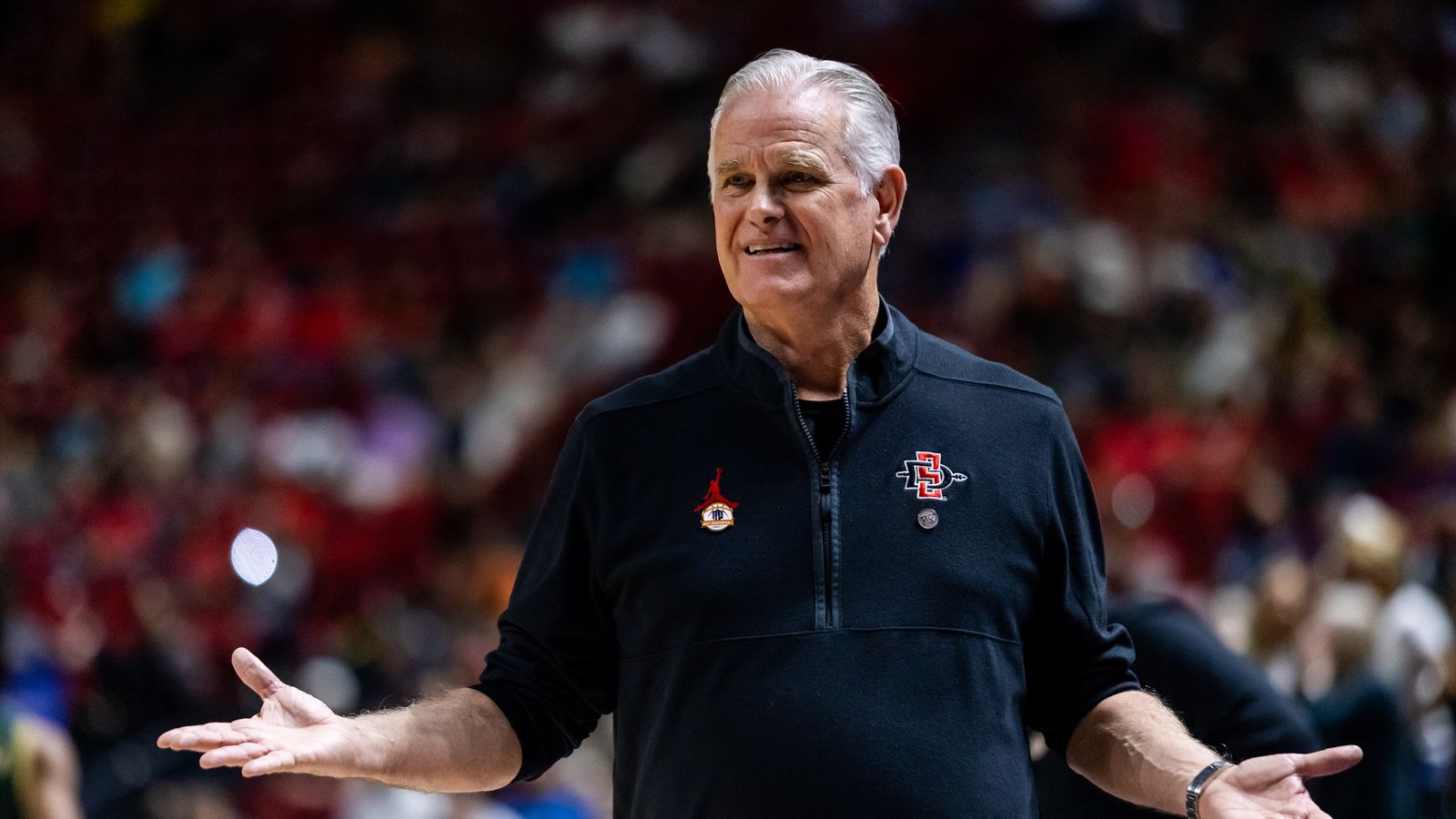San Diego Aztecs head coach Brian Dutcher questions a foul call on the Aztecs during a Mountain West Championship tournament quarterfinal game between the San Diego Aztecs and the Colorado State Rams, Thursday March 12, 2026 in Las Vegas, Nev.