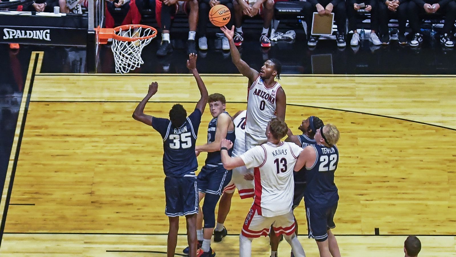 Arizona guard Jaden Bradley (0) shoots a floater during an NCAA East Region second round game against  Utah State Sunday March 22, 2026 in  San Diego, California.