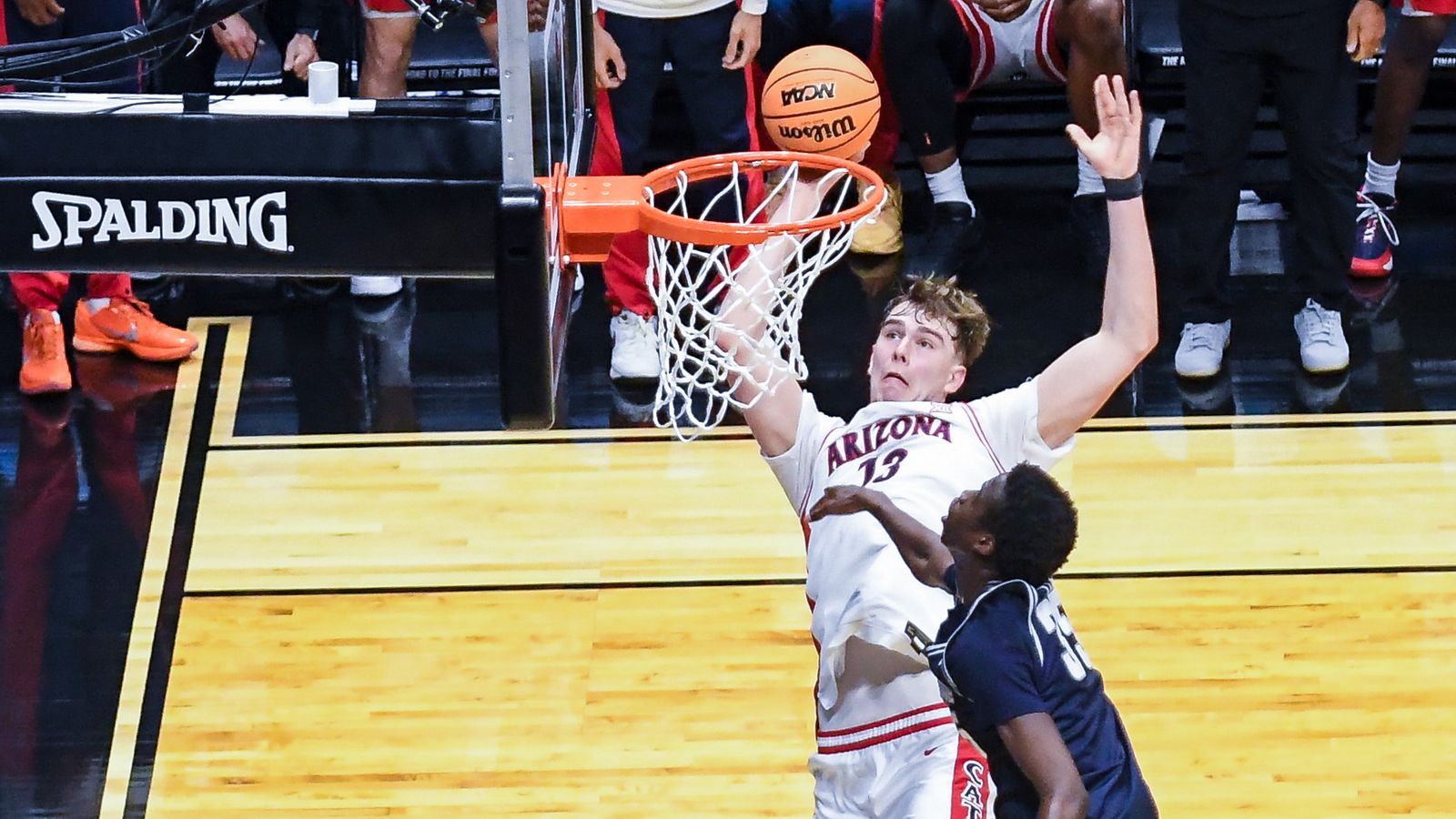 Arizona center Motiejus Krivas (13) shoots the ball  during an NCAA East Region second round game against  Utah State Sunday March 22, 2026 in  San Diego, California.