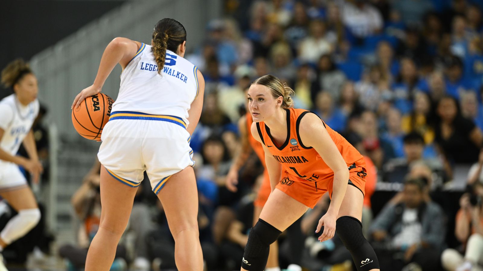 Oklahoma State guard Amari Whiting #1 locks in on defense during an NCAA Women's Basketball game between Oklahoma State University and University of California Los Angeles on Monday, March 23, 2026 at Pauley Pavilion in Los Angeles Calif