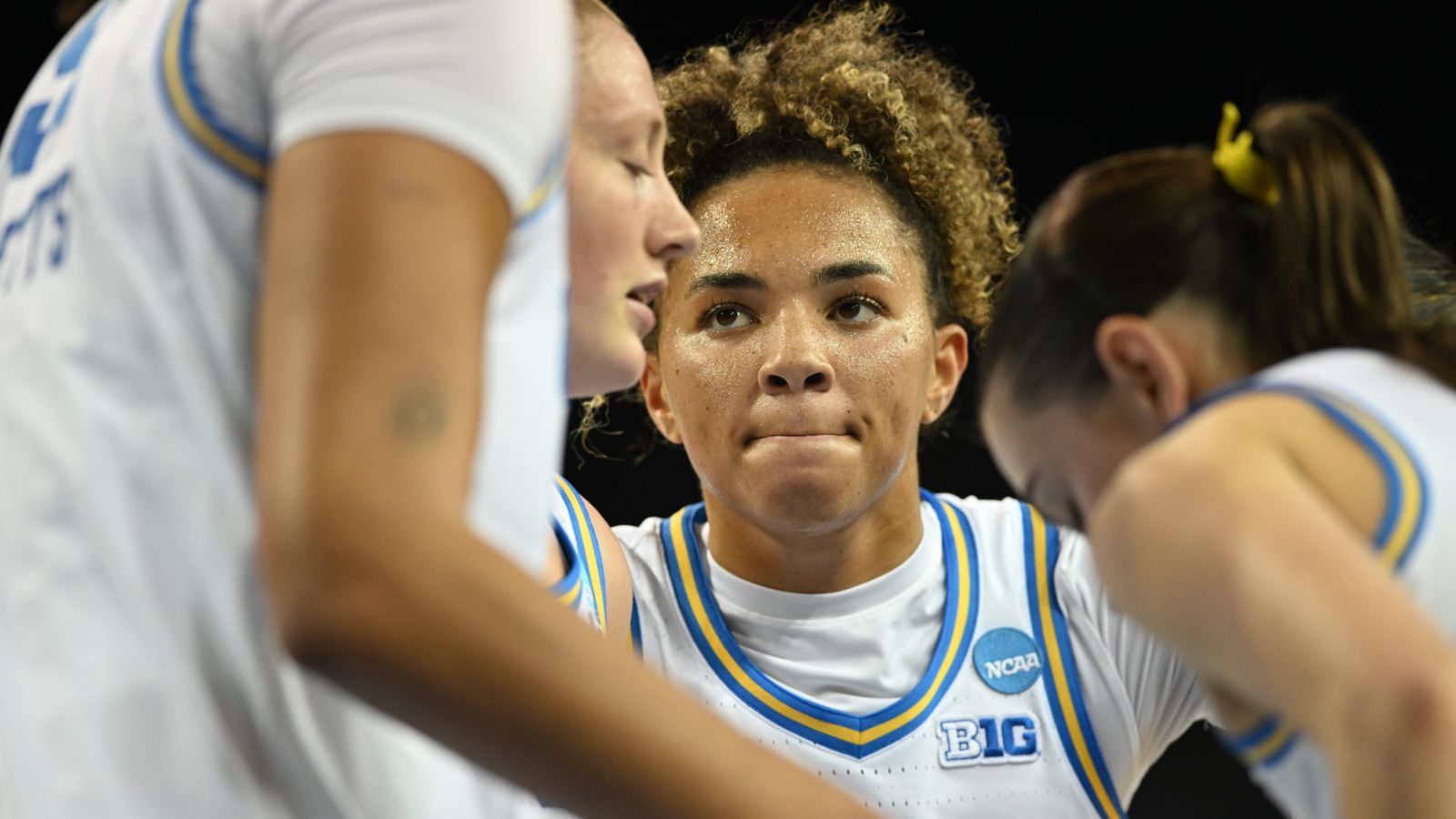UCLA guard Kiki Rice #1 huddles with teammates during an NCAA Women's Basketball game between Oklahoma State University and University of California Los Angeles on Monday, March 23, 2026 at Pauley Pavilion in Los Angeles Calif