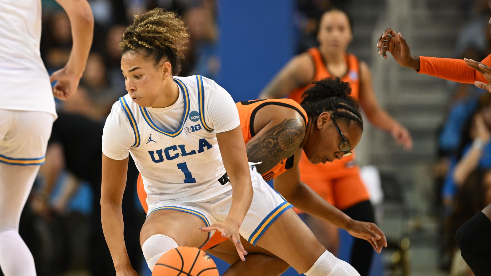 UCLA guard Kiki Rice #1 shakes the defense during an NCAA Women's Basketball game between Oklahoma State University and University of California Los Angeles on Monday, March 23, 2026 at Pauley Pavilion in Los Angeles Calif