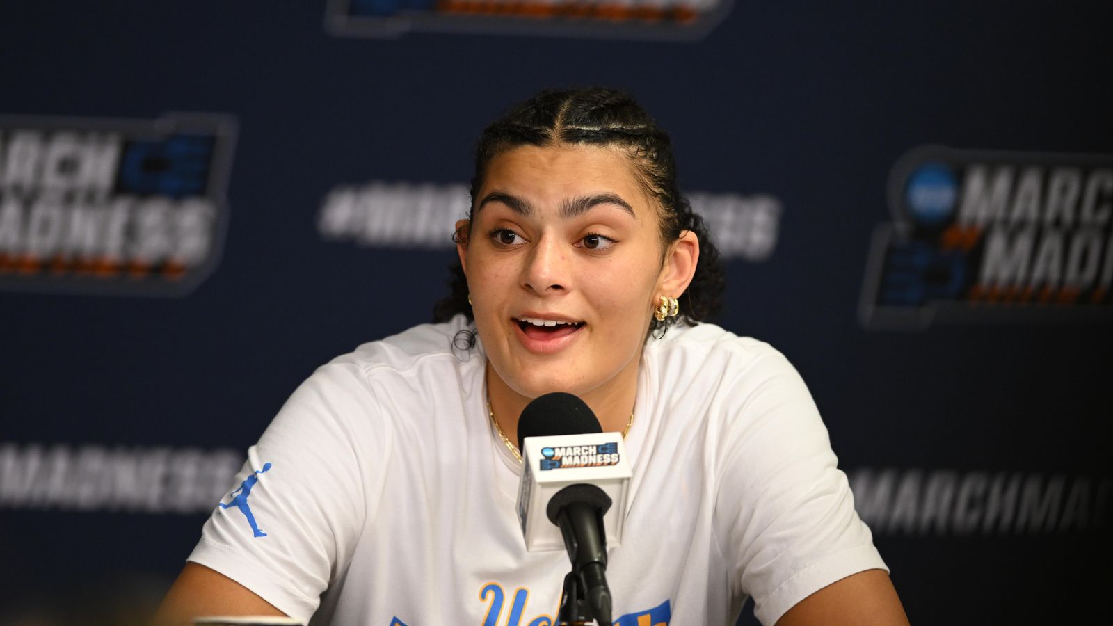 UCLA center Lauren Betts #51 speaks to the media after an NCAA Women's Basketball game between Oklahoma State University and University of California Los Angeles on Monday, March 23, 2026 at Pauley Pavilion in Los Angeles Calif