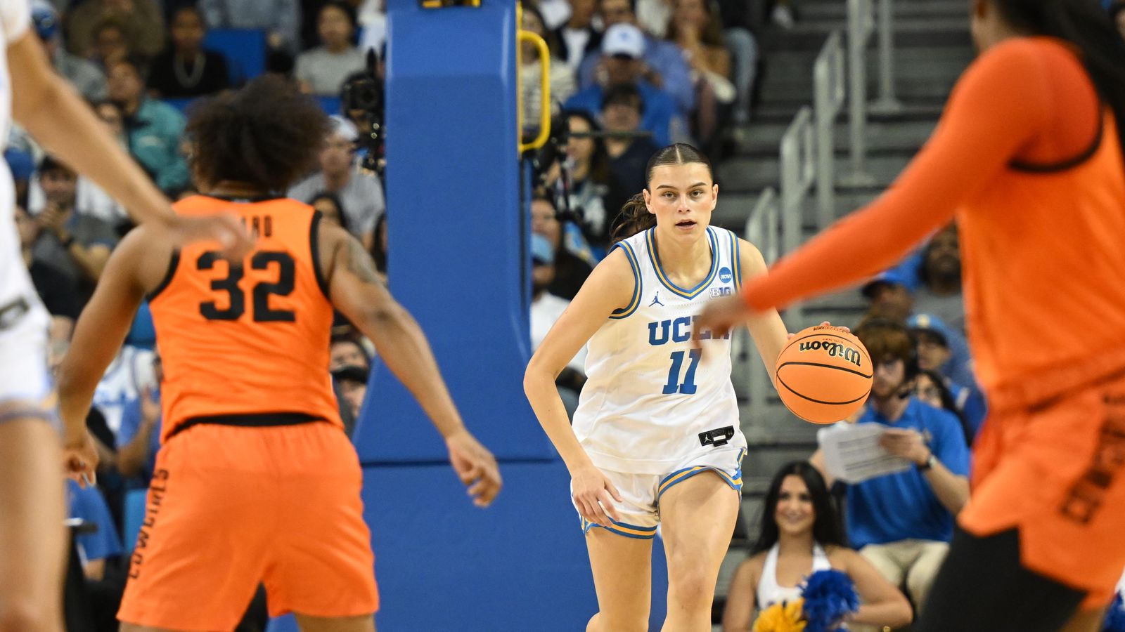 UCLA guard Gabriela Jaquez #11 brings the ball downcourt during an NCAA Women's Basketball game between Oklahoma State University and University of California Los Angeles on Monday, March 23, 2026 at Pauley Pavilion in Los Angeles Calif