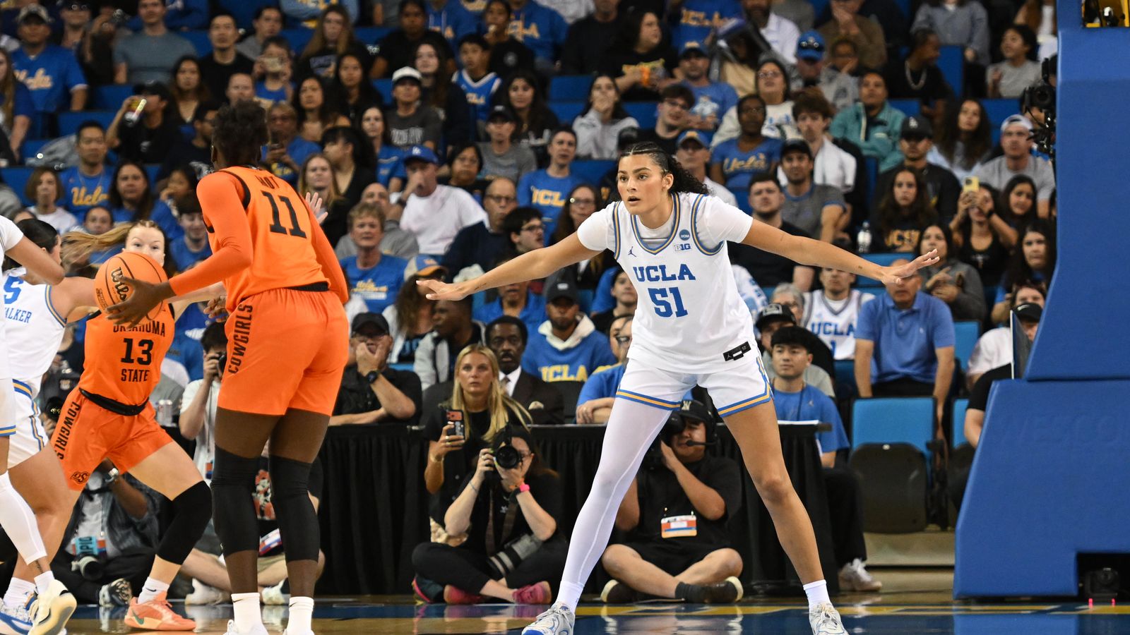 UCLA center Lauren Betts #51 plays defense during an NCAA Women's Basketball game between Oklahoma State University and University of California Los Angeles on Monday, March 23, 2026 at Pauley Pavilion in Los Angeles Calif