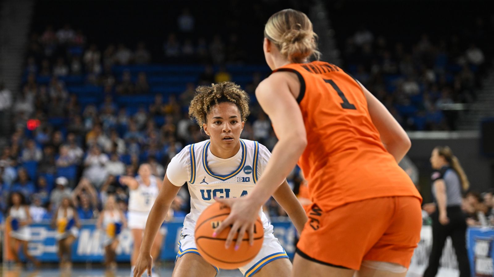 UCLA guard Kiki Rice #1 locks in on defense during an NCAA Women's Basketball game between Oklahoma State University and University of California Los Angeles on Monday, March 23, 2026 at Pauley Pavilion in Los Angeles Calif