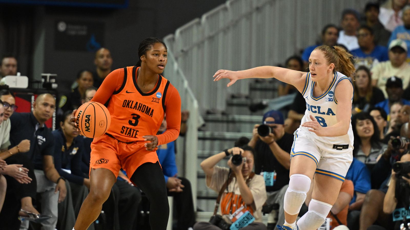 Oklahoma State guard Micah Gray #3 looks for a teammate during an NCAA Women's Basketball game between Oklahoma State University and University of California Los Angeles on Monday, March 23, 2026 at Pauley Pavilion in Los Angeles Calif