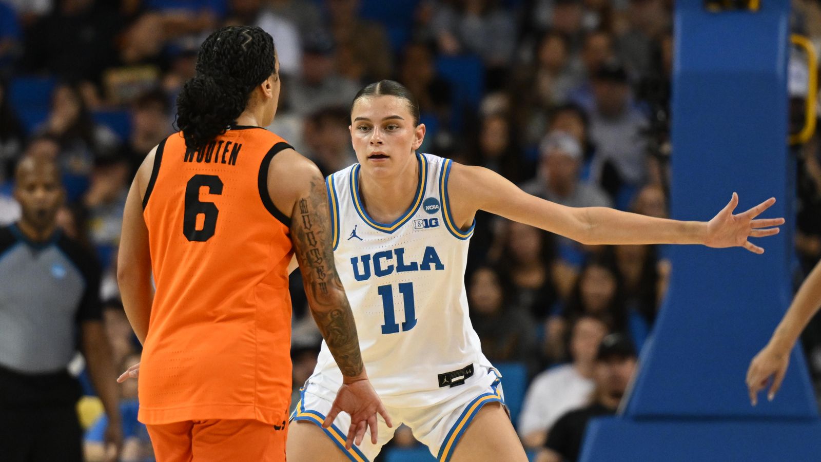 UCLA guard Gabriela Jaquez #11 locks in on defense during an NCAA Women's Basketball game between Oklahoma State University and University of California Los Angeles on Monday, March 23, 2026 at Pauley Pavilion in Los Angeles Calif