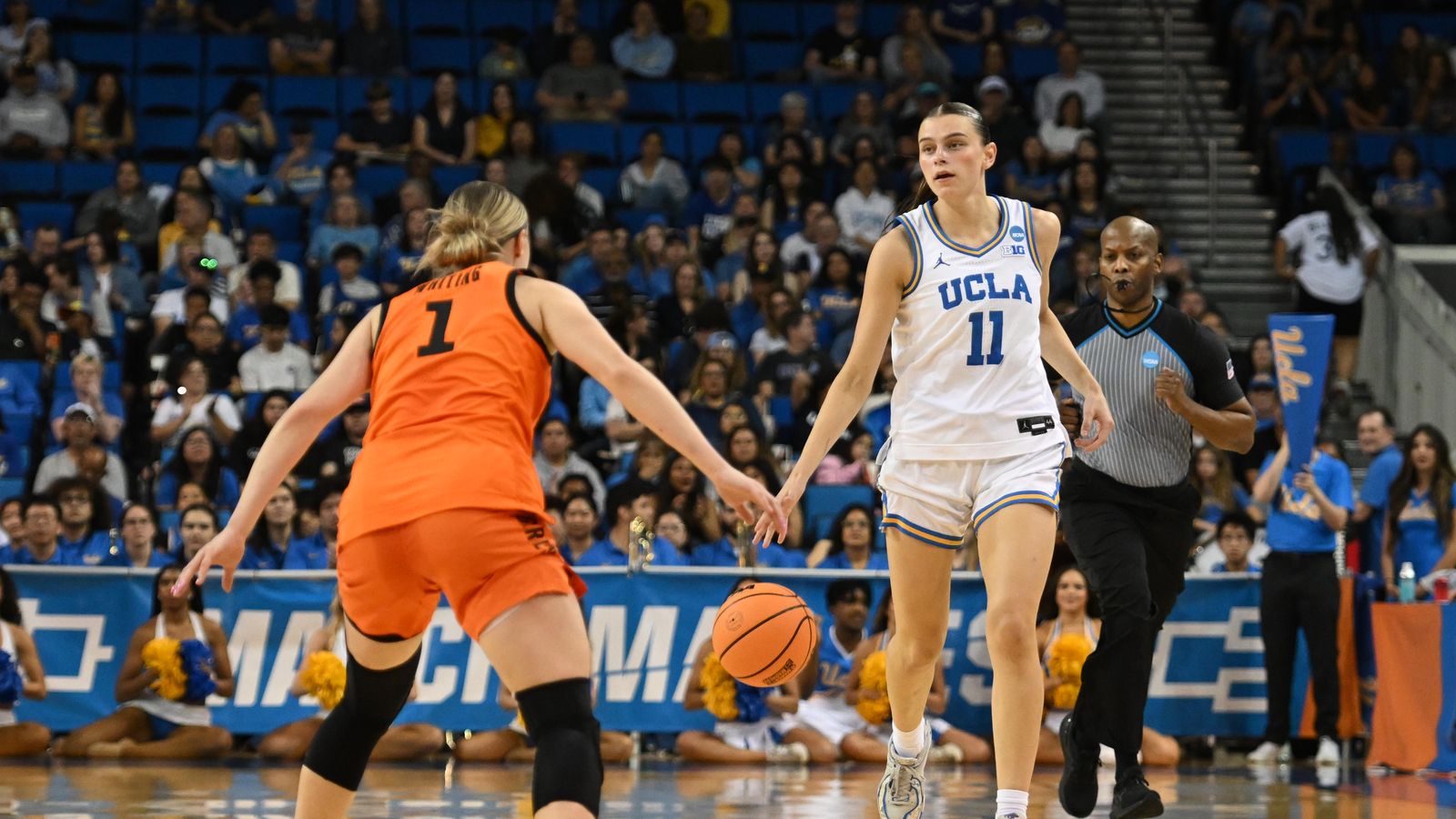 UCLA guard Gabriela Jaquez #11 dribbles the ball during an NCAA Women's Basketball game between Oklahoma State University and University of California Los Angeles on Monday, March 23, 2026 at Pauley Pavilion in Los Angeles Calif