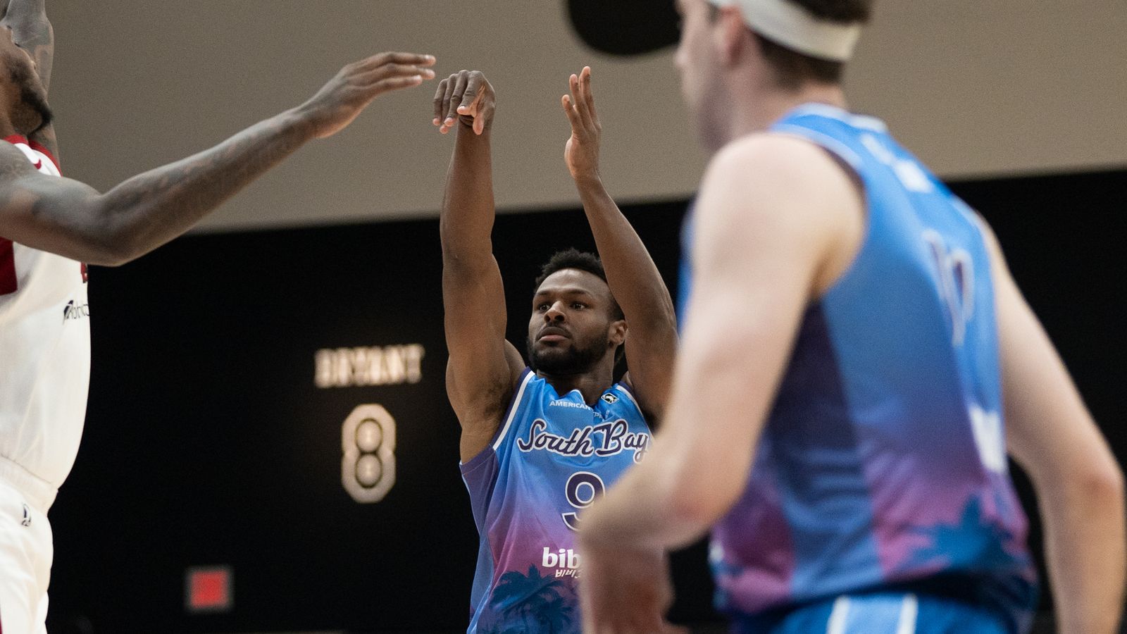 South Bay Lakers guard Bronny James JR (9) shoots a three
