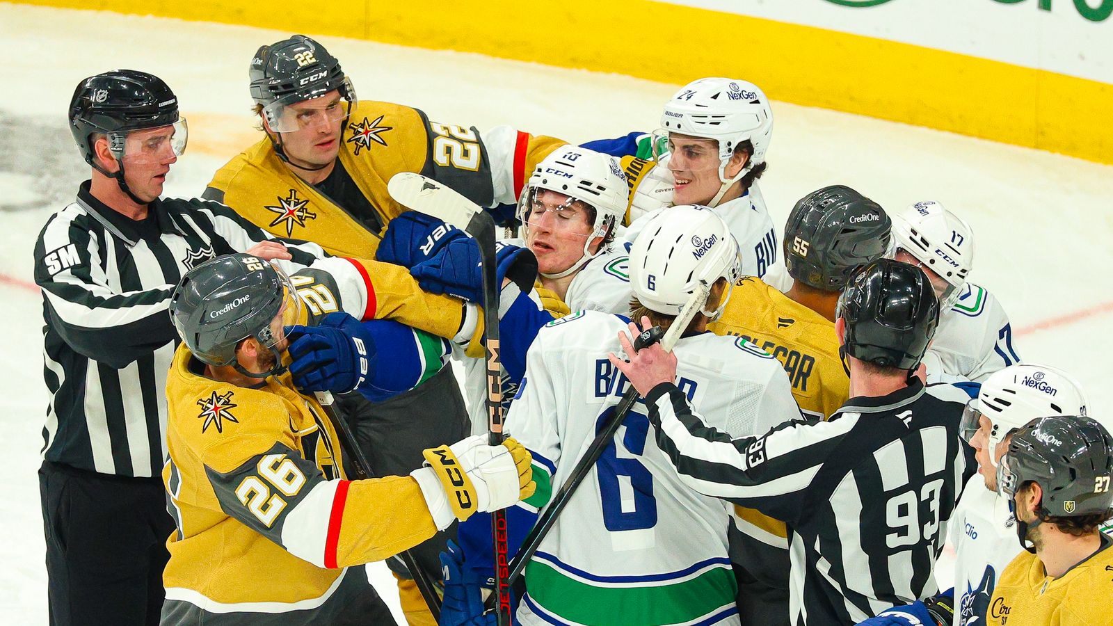 Knights and Canucks Battle in Intense Crease Scramble