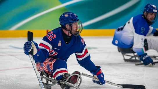 Team USA in action against Team Italy during the Preliminary Round of Para Ice Hockey between the USA and Italy on day one of the Milano Cortina 2026 Winter Paralympics at the Milano Santagiulia Ice Hockey Arena on March 07, 2026, in Milan, Italy.