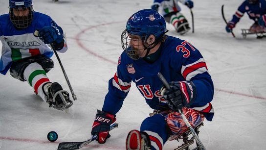 Team USA in action against Team Italy during the Preliminary Round of Para Ice Hockey between the USA and Italy on day one of the Milano Cortina 2026 Winter Paralympics at the Milano Santagiulia Ice Hockey Arena on March 07, 2026, in Milan, Italy.
