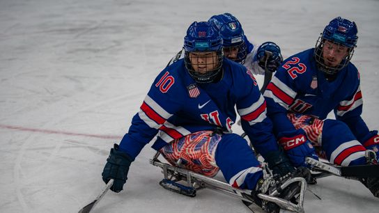 Team USA in action against Team Italy during the Preliminary Round of Para Ice Hockey between the USA and Italy on day one of the Milano Cortina 2026 Winter Paralympics at the Milano Santagiulia Ice Hockey Arena on March 07, 2026, in Milan, Italy.