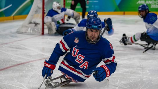 Team USA in action against Team Italy during the Preliminary Round of Para Ice Hockey between the USA and Italy on day one of the Milano Cortina 2026 Winter Paralympics at the Milano Santagiulia Ice Hockey Arena on March 07, 2026, in Milan, Italy.