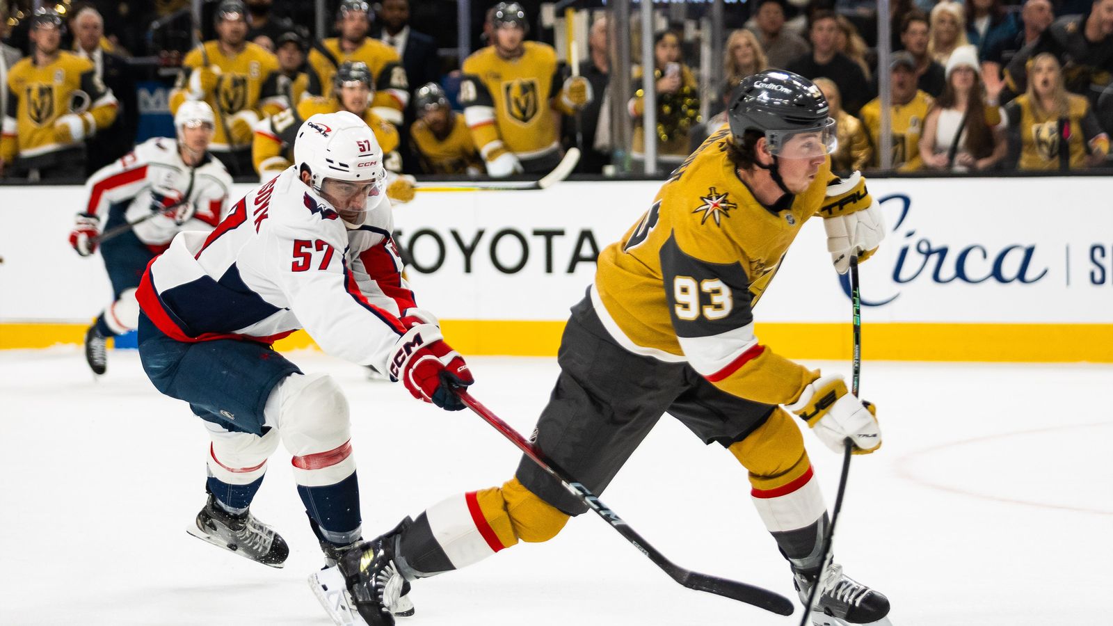 Vegas Golden Knights Mitch Marner (93) shoots the puck