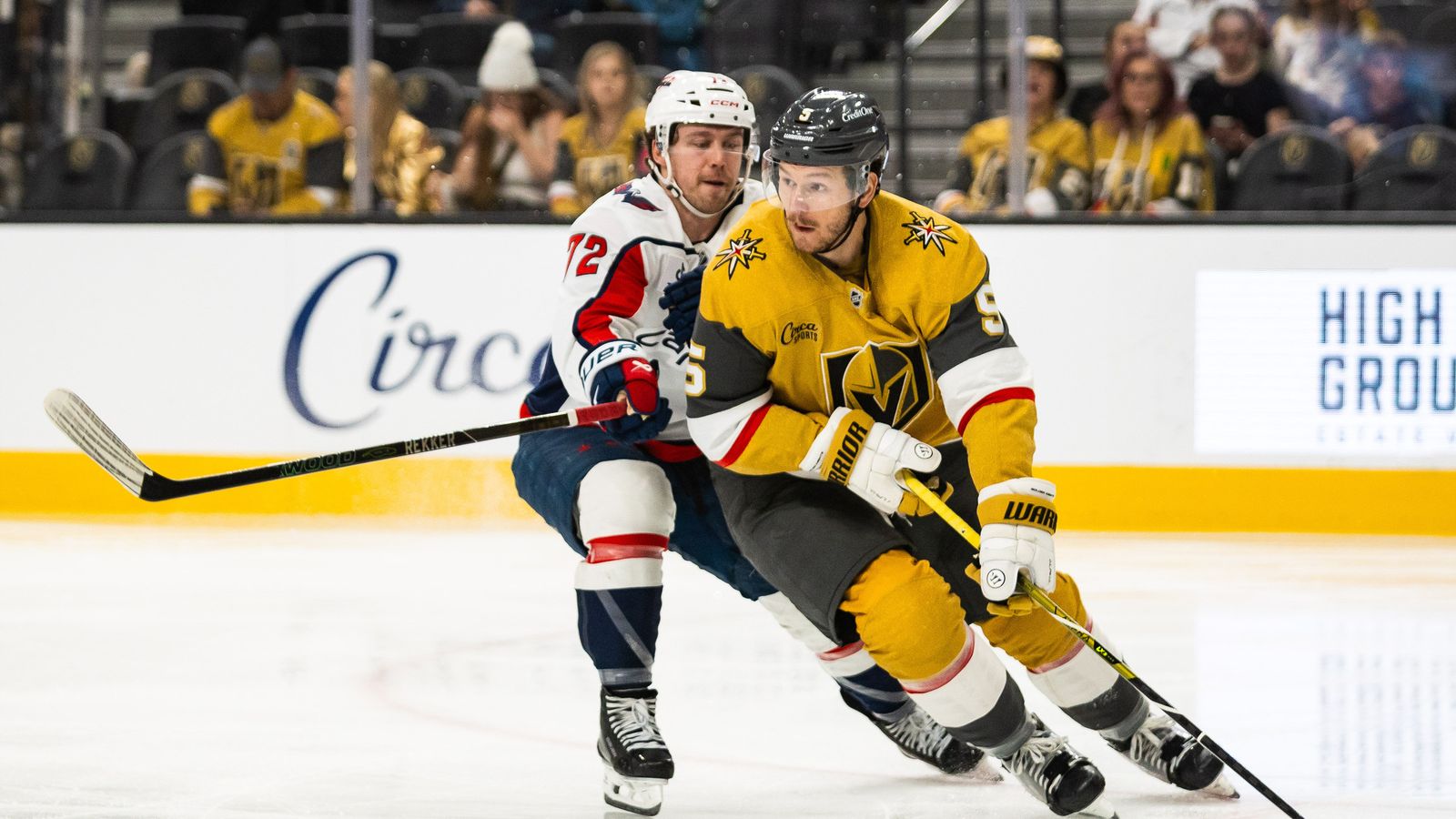 Vegas Golden Knights Jeremy Lauzon (5) looks to skate the puck out