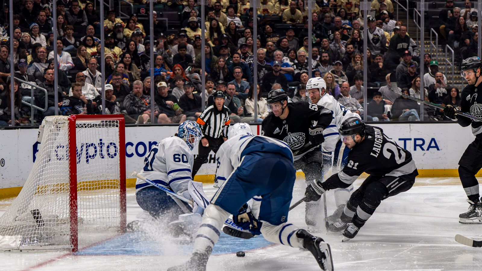 Leafs Joseph Woll (60) blocking a goal attempt