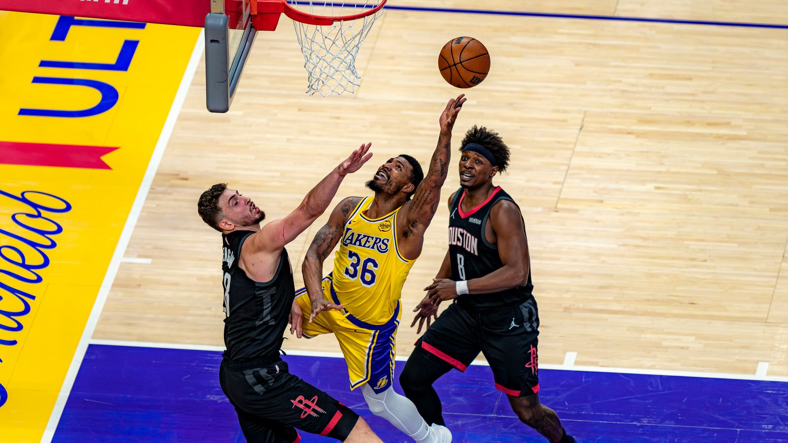 Lakers guard Marcus Smart (36) leaping for a lay up