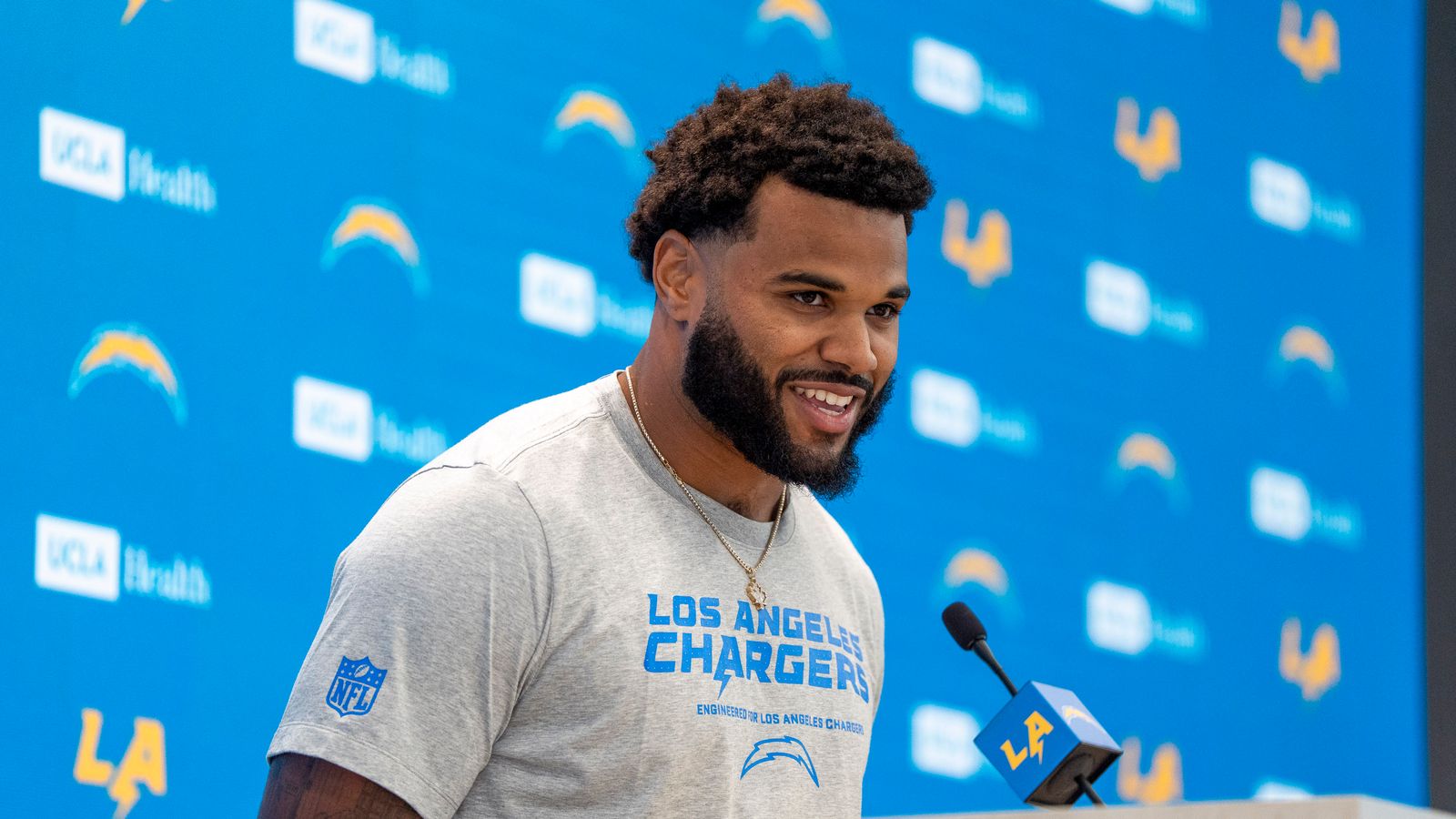 Akheem Mesidor at his first Chargers press conference